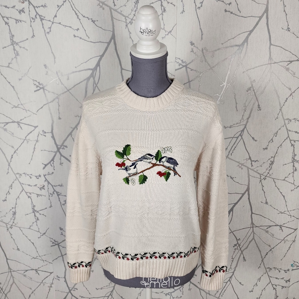 Cabela's Ivory Cotton Knit Birds Embroidered Mockneck Sweater